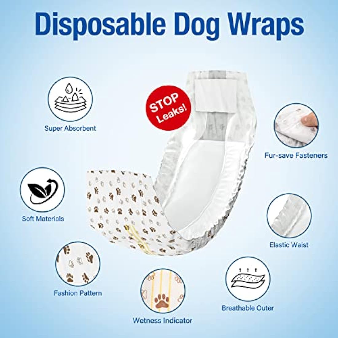 Pet Soft Dog Nappies Male-Disposable Male Dog Wraps 50 Counts, Super Absorbent Puppy Dog Diapers Incontinence Nappy Wraps with Wetness Indicator (L-50 Count)