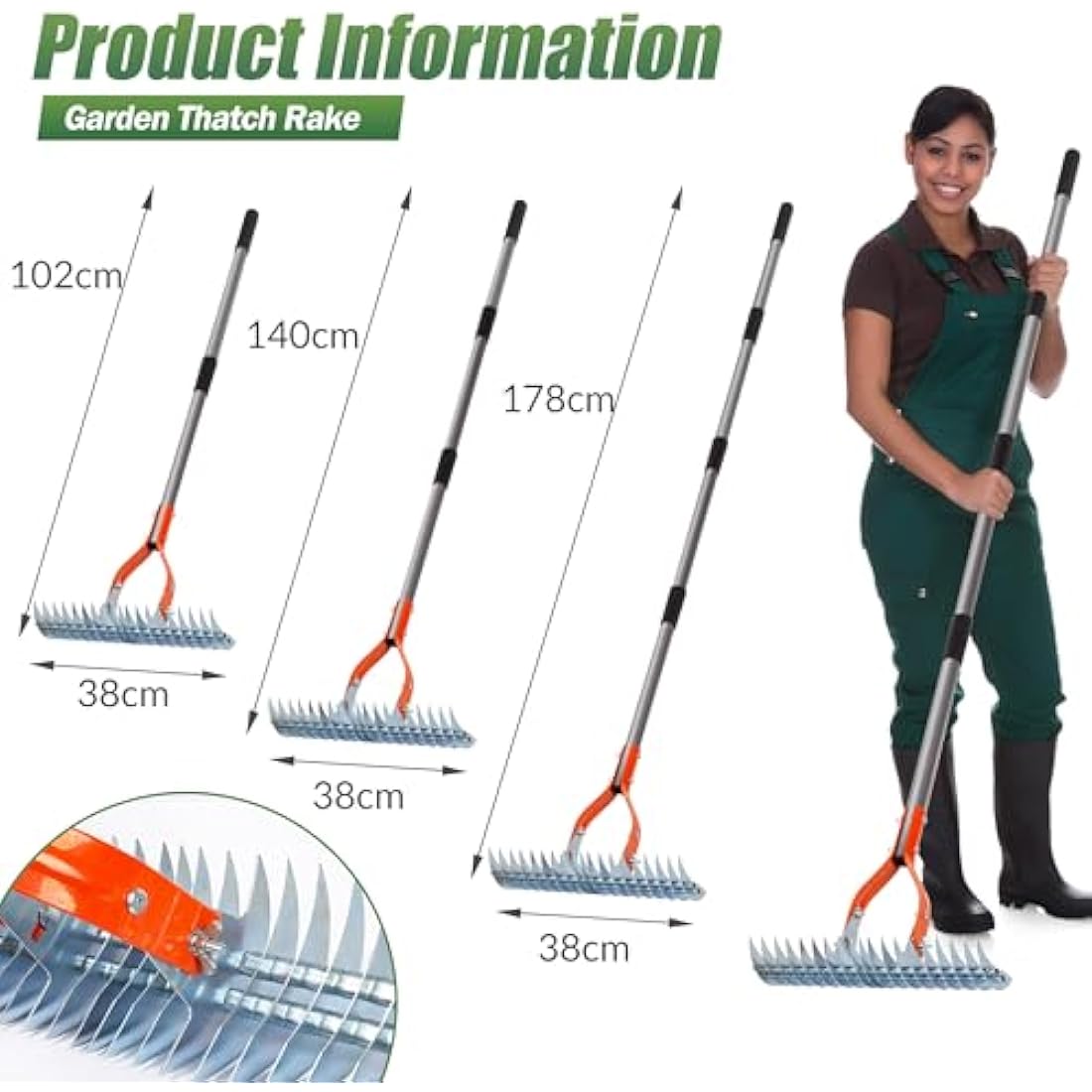 Walensee Thatch Rake, 15-Inch Lawn Thatching Rake, Robust Dethatcher Rake, Efficient Steel Metal Rake with Handle, Versatile Grass Grooming Rake for Cleaning Dead Grass, Yard Garden Durable Soil Rake