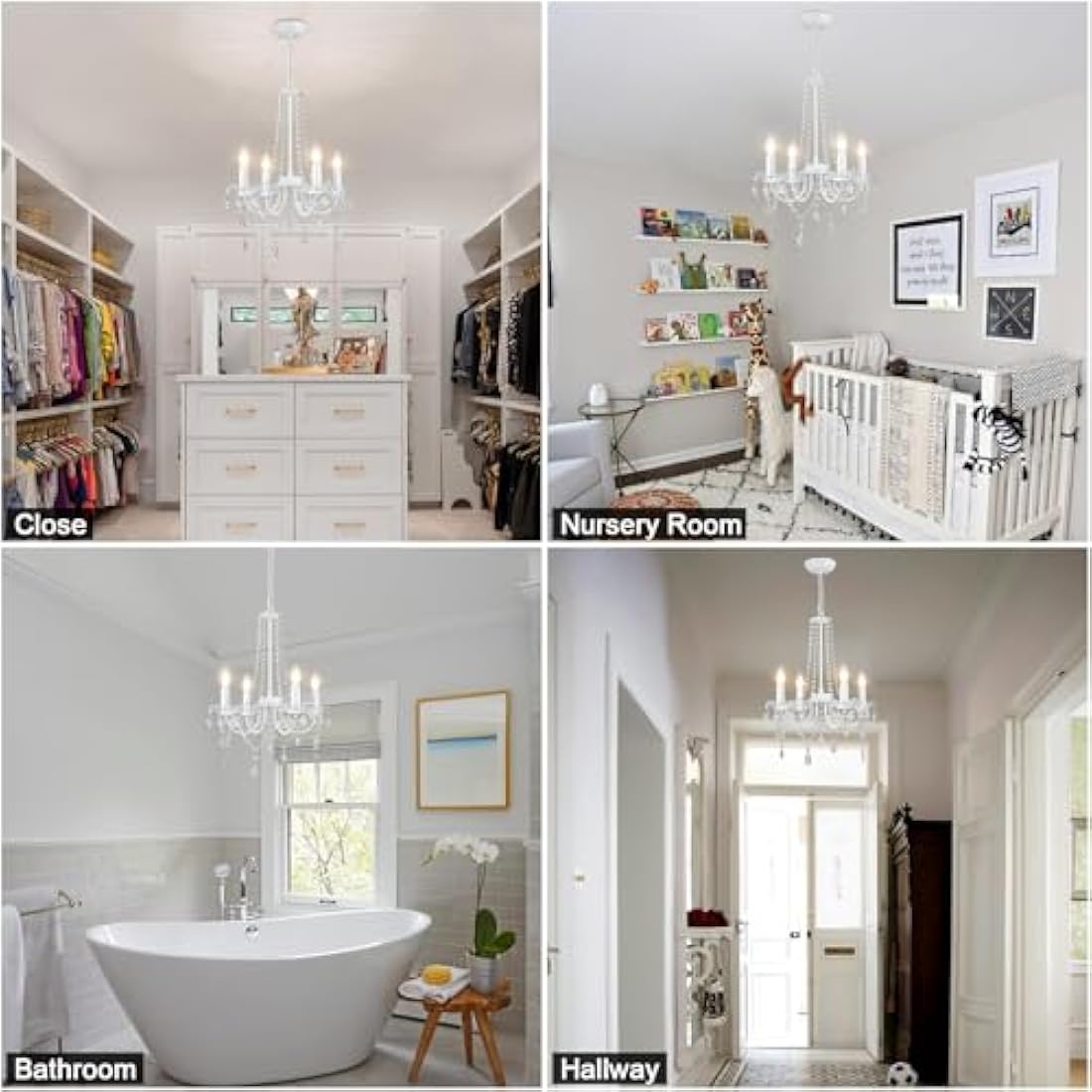 QAREHL Crystal Chandelier, 4 Lights Chandeliers Ceiling Light Modern Dining Room Lights Ceiling for Living Room, White Chandelier for Bedroom, Kitchen, Hallway, E14 Socket