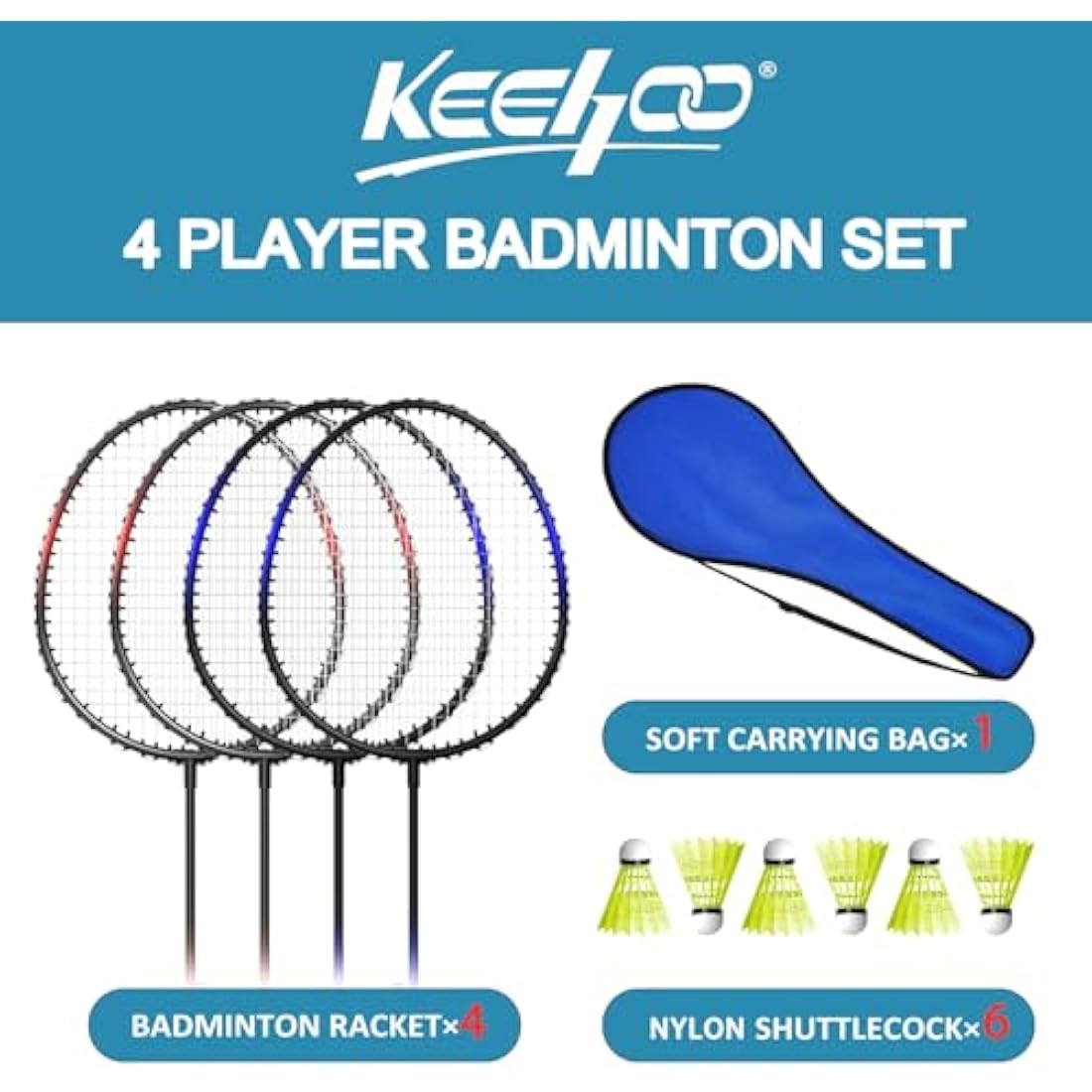 KH 2-4 Player Badminton Rackets Set for Adults Kids,Family Back Garden Sports Games,Racquets,Shuttlecocks & Carry Bag Included