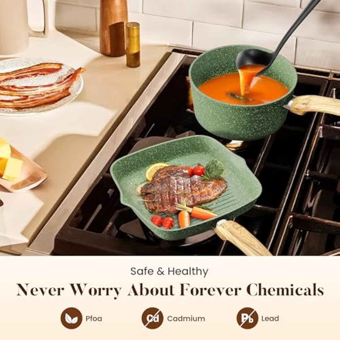 Kitchen Academy 17 Pcs Pots and Pans Set Non Stick, Induction Kitchen Cookware Set, Green Healthy Nonstick Granite Coated Saucepans Frying Pans Set, PFOA & PFOS Free