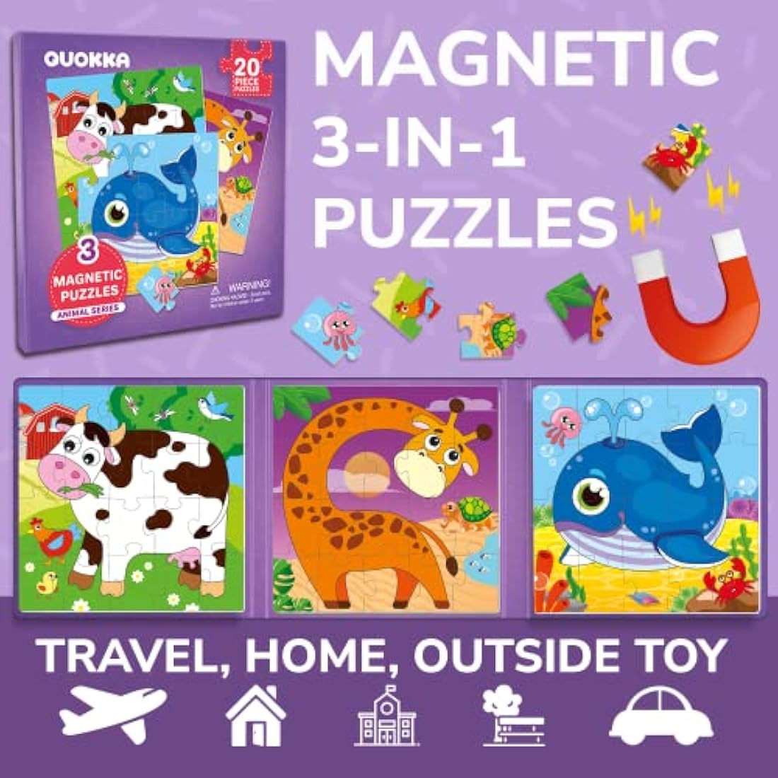 QUOKKA Magnetic Puzzles for 2 3 Year Olds - Travel Games for Kids Age 4 5 - Travel Toys for Toddlers on Plane Car Ride - 20 Pieces Jigsaw Games For 3 year olds - Plane Activities For Kids