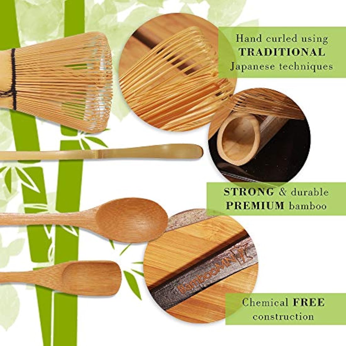BambooMN Brand - Matcha Bowl Set (Includes Bowl, Rest,Tea Whisk, Chasaku, & Tea Spoon) 1 Set Green