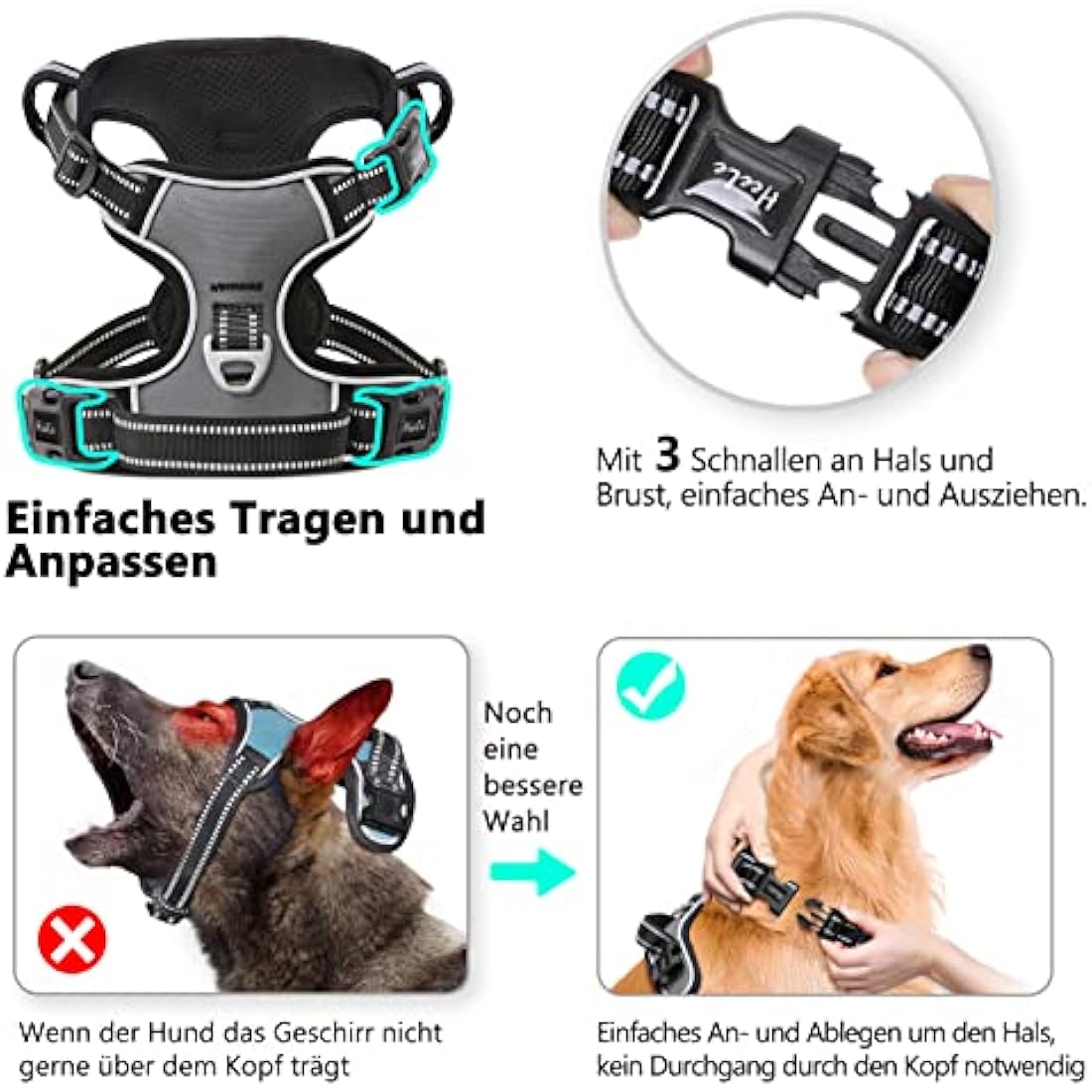 HEELE No Pull Dog Harness, Ex-Large, Release on Neck, Reflective, Adjustable with Front Back 2 Leash Attachments and Soft Padded Control Handle for Walking Training, Grey, XL