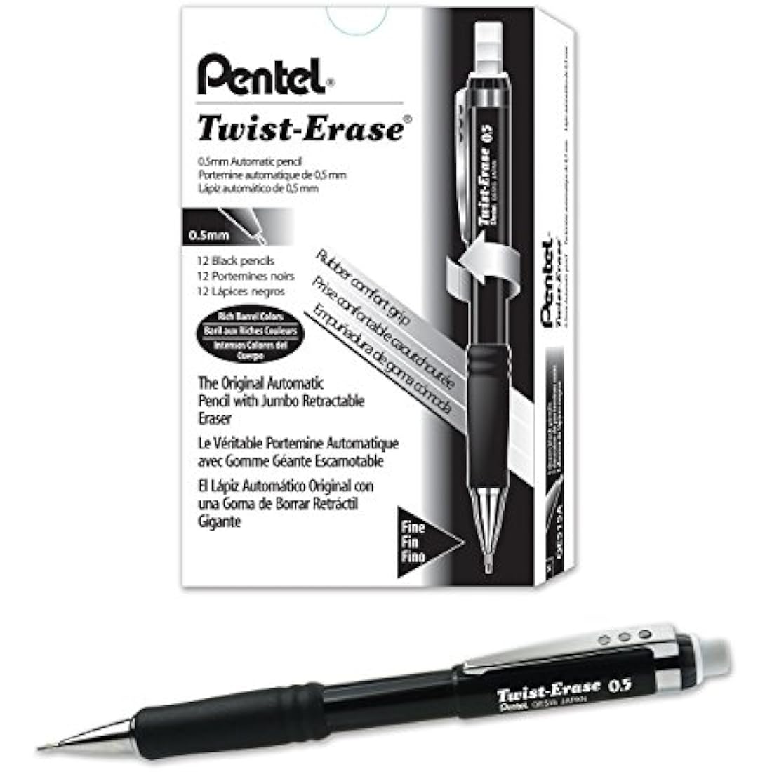 Pentel 0.5mm Twist Erase Mechanical Pencil (Pack of 12), QE515A,Black
