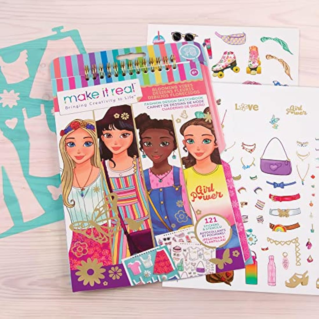 Make It Real Love and Daisy Inspired Fashion Design Sketchbook with Stencils and Stickers for Creativity - Kids Arts and Crafts Colouring Book - Girls Gifts