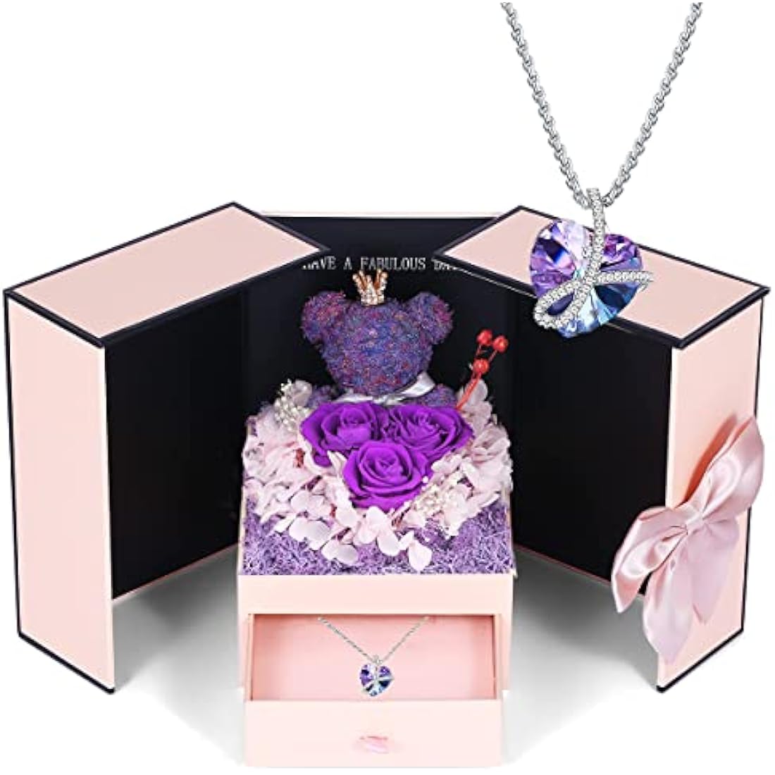 Preserved Purple Rose Moss Bear with Purple heart crystal necklace, Gifts for Women,Girlfriend,Wife,Mum,Gifts for her on Birthday, Anniversary, Valentine's Day, Mother's Day, Christmas