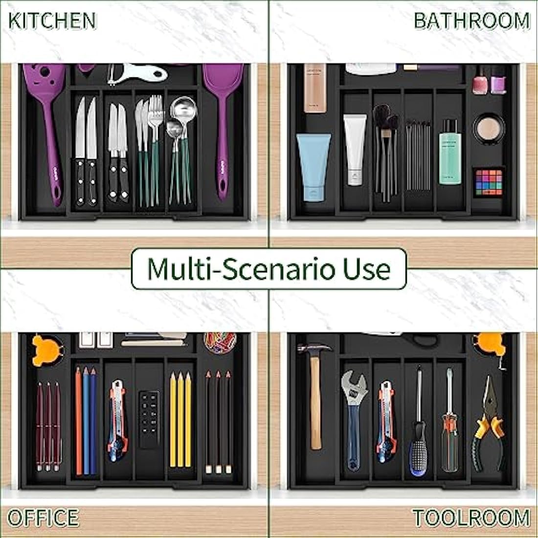 Utoplike Bamboo Cutlery Drawer Organiser Trays, Expandable Utensil Organiser, Adjustable Silverware and Flatware Holder, Drawer Dividers for Spoons Forks Knives in Kitchen, Bedroom, Large, Black
