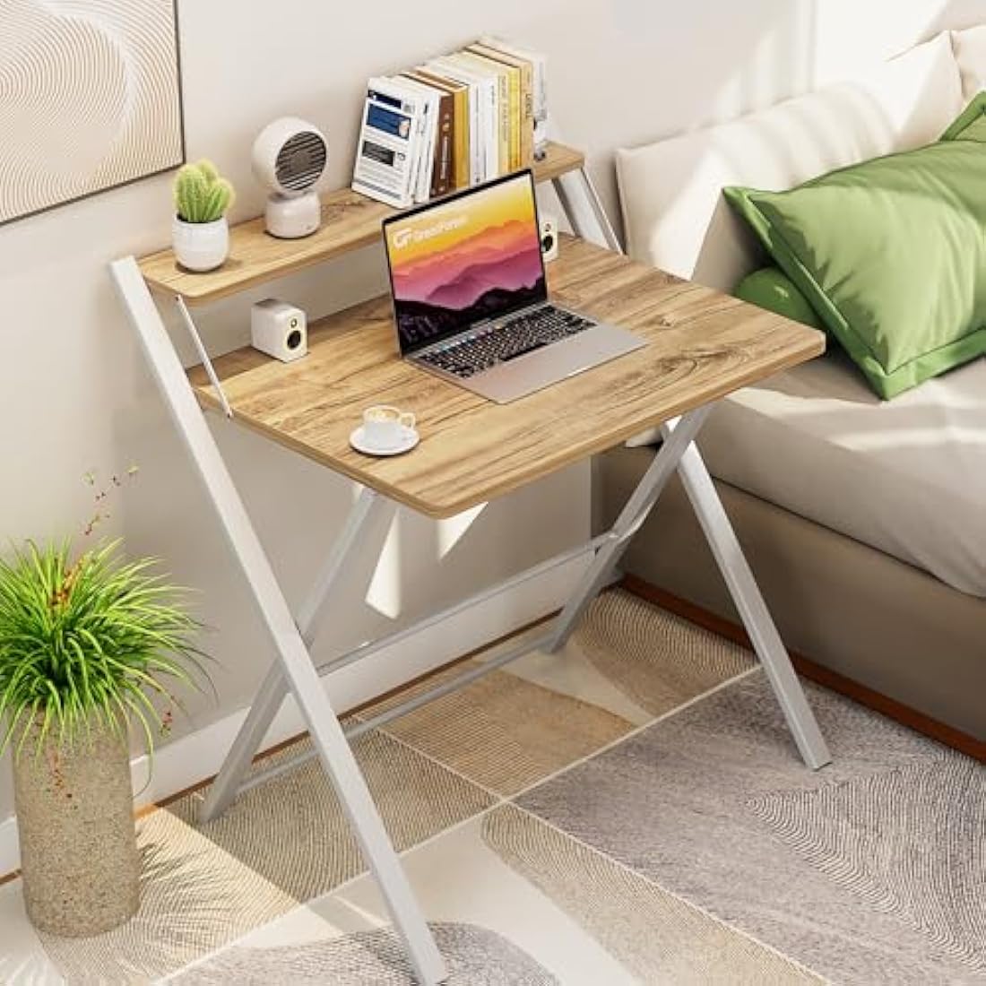 GreenForest Folding Desk No Assembly Required,Computer Desk with Monitor Shelf,Small Desk for Small Space,Oak