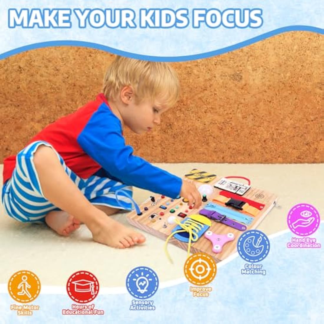 Konijiwa 23 in 1 Toddler Toys Montessori Busy Board for 1 2 3 Year old Boys Girls Wooden Toys with With 15 Switches, 26 LED Lights Switch, Music boxes, zippers Sensory Learning Toys