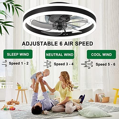 OMGPFR LED Ceiling Fan with Lights, Reversible Remote, 6 Speeds Modern Bedroom Fan Light, Quiet Dimmable Small Ceiling Light for Living Room, Black 50CM