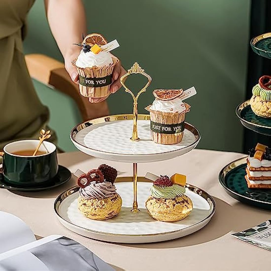 MEETOZ 2 Set of Round Porcelain Tiered Cupcake Stand, Dessert Plates Stand Tiered Serving Trays with Gold Rod,3 Tiers and 2 Tiers Cake Stand Party Serving Trays Fruit Pastry Holders(White)