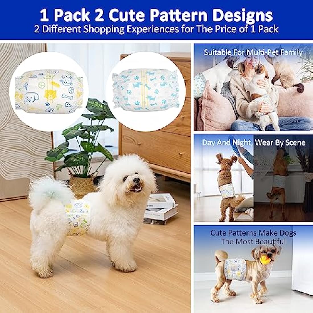 Dono Disposable Male Dog Diapers, 48pcs, L, 32in, Blue/Yellow, Super Absorbent, Leak-proof, Wetness Indicator, Incontinence, Excitable Urinary, Dog Owners, Male