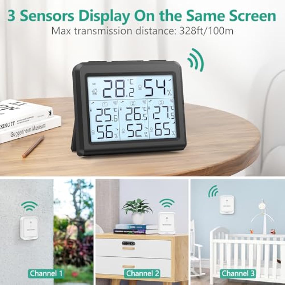 ORIA Digital Thermometer Hygrometer with 3 Sensors, Indoor/Outdoor Humidity Meter Temperature Monitor, Wireless Weather Station with Backlight, Comfort Icon, Arrow Trends for Temp and Humidity -Black