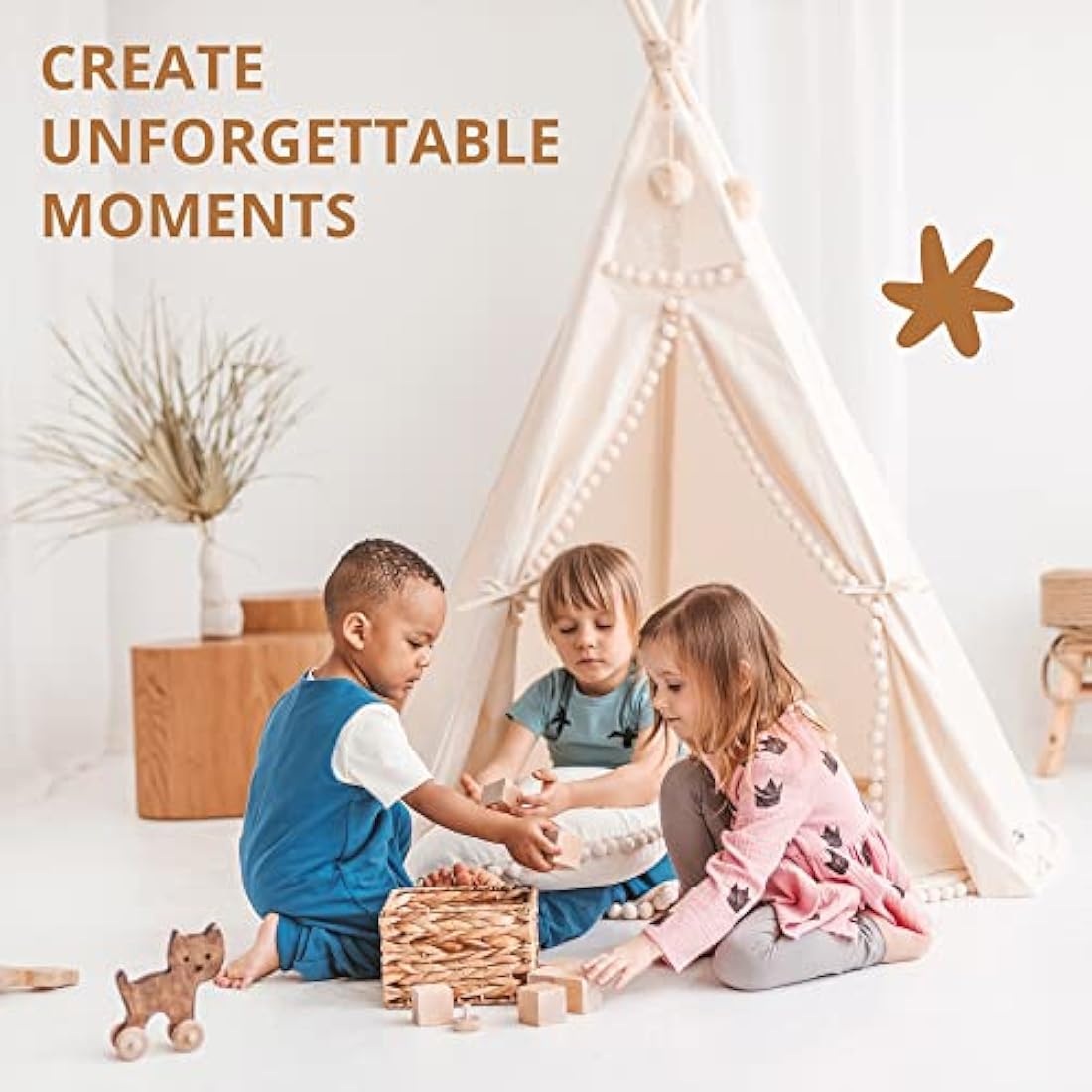 MINICAMP Original Teepee Tent for Kids, Handmade Natural Canvas & Wooden Playhouse for Children & Toddlers, Indoor Sleepover Play Tent for Girls & Boys, Extra-Stable Child Tipi with Pom-Poms