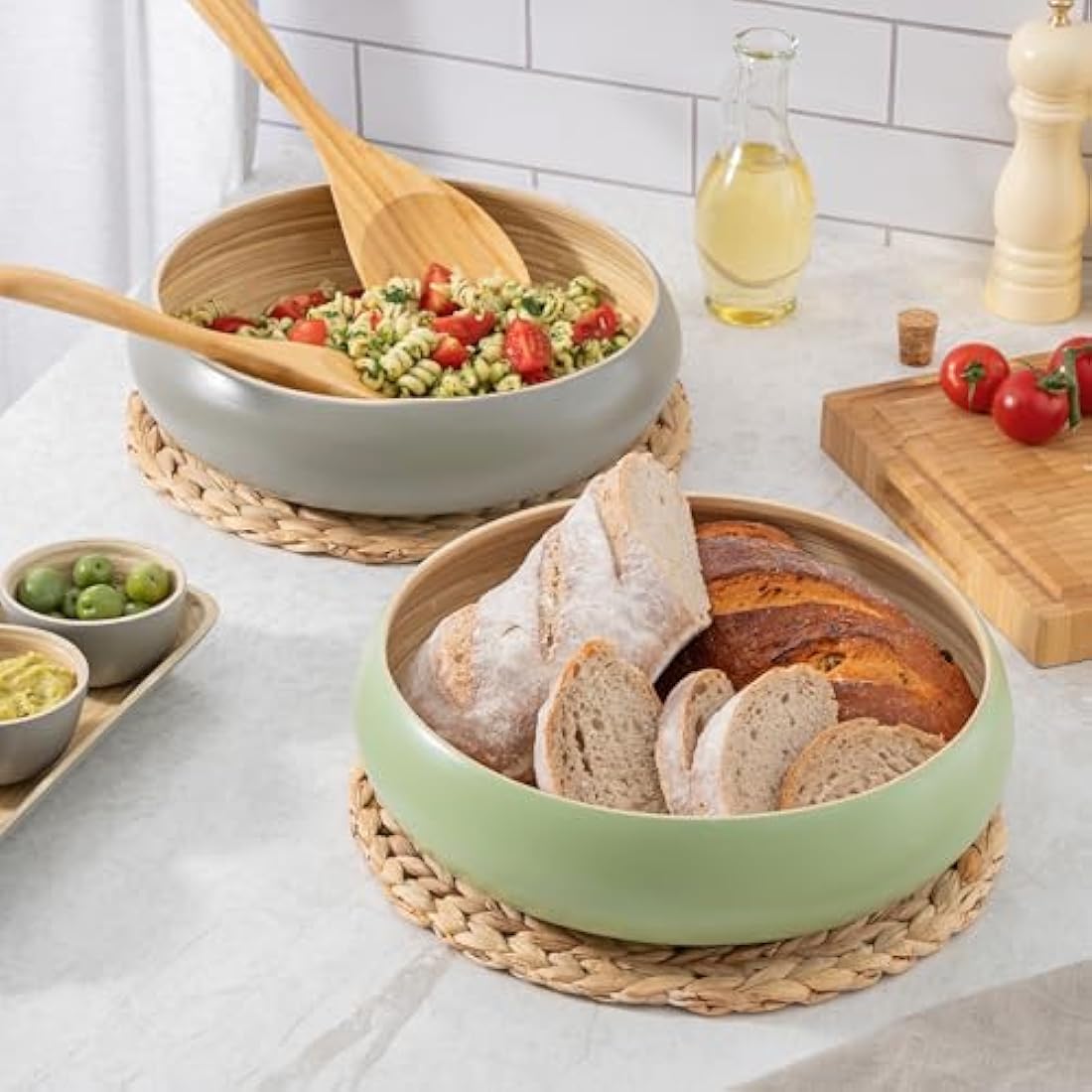 Dehaus® Large Stylish Bamboo Fruit Bowl - 30cm, White - Wooden Salad Serving Bowl - Fruit Basket for Kitchen or Bread Basket - Table Centrepiece Decoration - Home & Kitchen Tableware Accessories