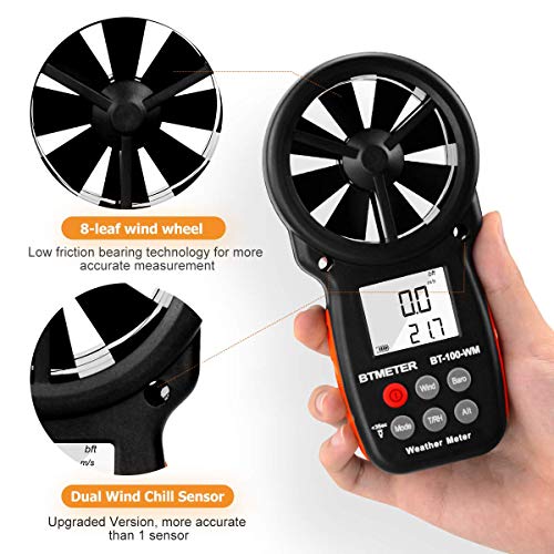 BTMETER Digital Anemometer Barometer Handheld, for Wind Speed Temperature Wind Chill Tester w/Humidity, Altitude, Barometric Pressure Meter for Climbing Drone HVAC CFM BT-100WM