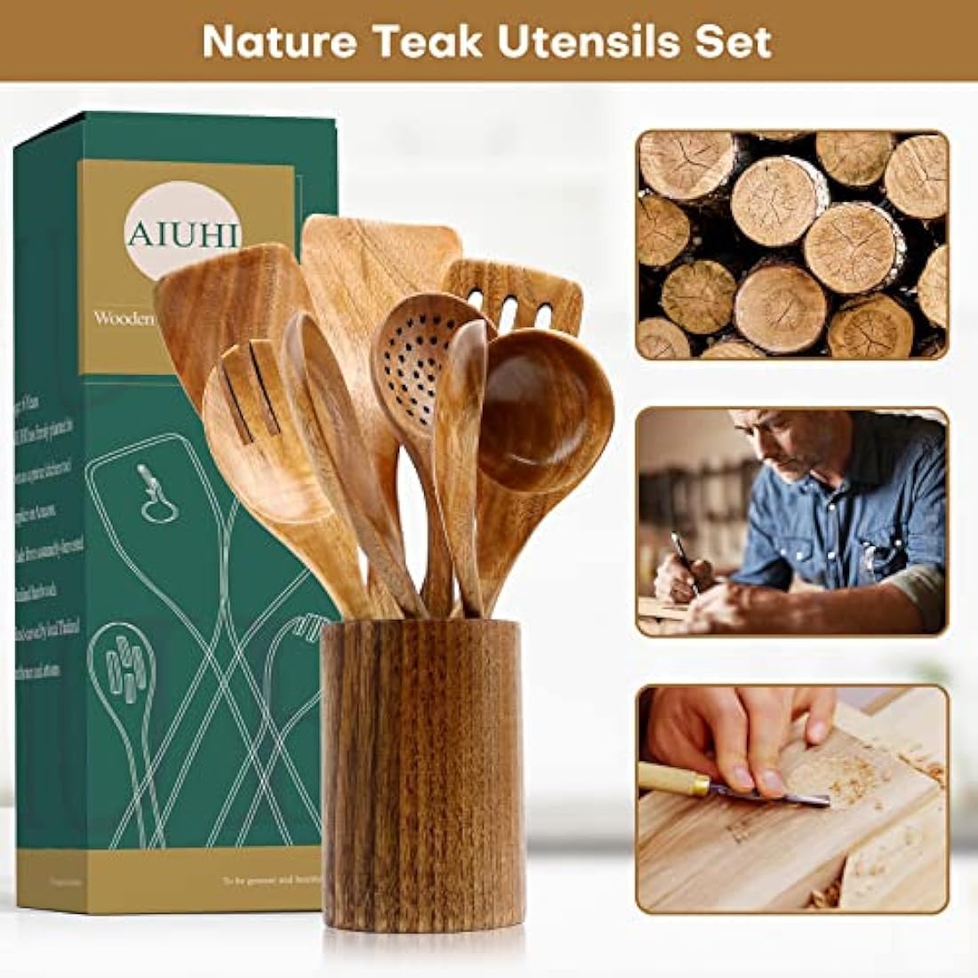 Teak Wood Utensils - Nonstick Wooden Kitchen Set with Spatula and Ladle (10)