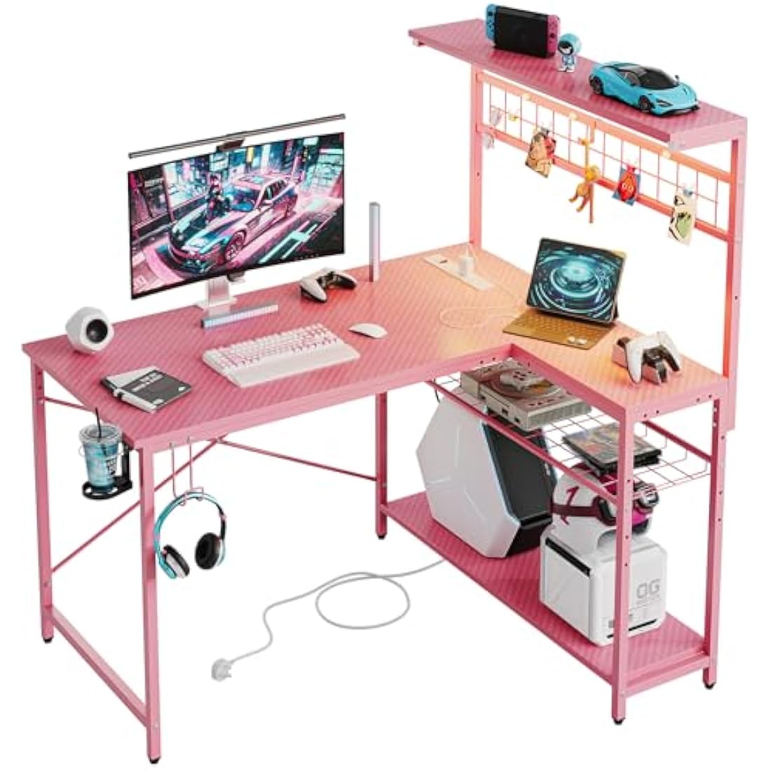 Bestier L-Shaped Gaming Desk with Power Outlets, LED Workstation with 4 Tiers Shelves for Home Office, Gamer Reversible Table with Hooks and Cup (PDCF, 106cm)