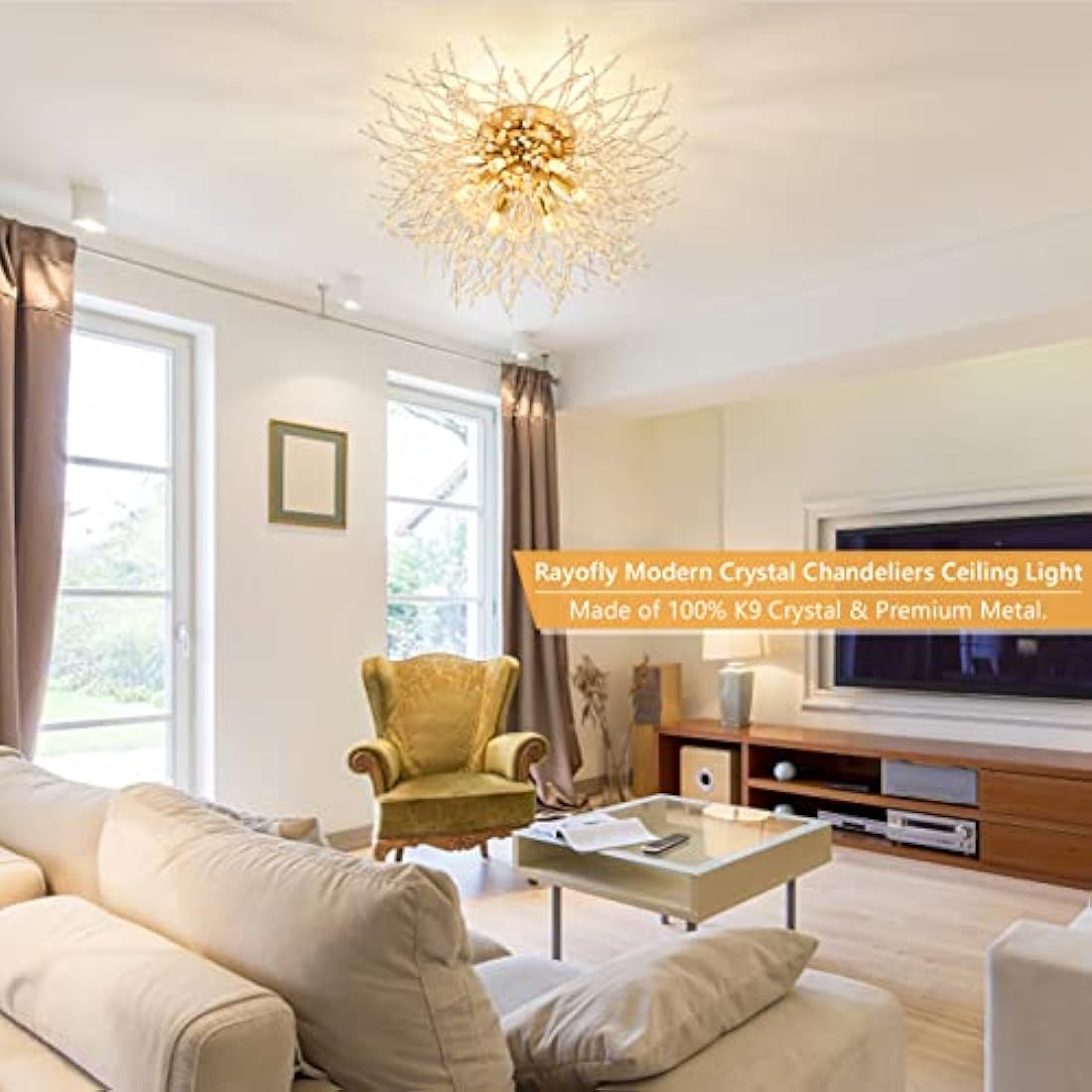 Rayofly Modern Crystal Chandeliers Ceiling Light, Fireworks Chandelider, Gold K9 Crystals Ceiling Lights, Flush Mount Lighting, 6 G9 LED, Golden Lamps for Living Room, Bedroom, Dining Room, Hallway