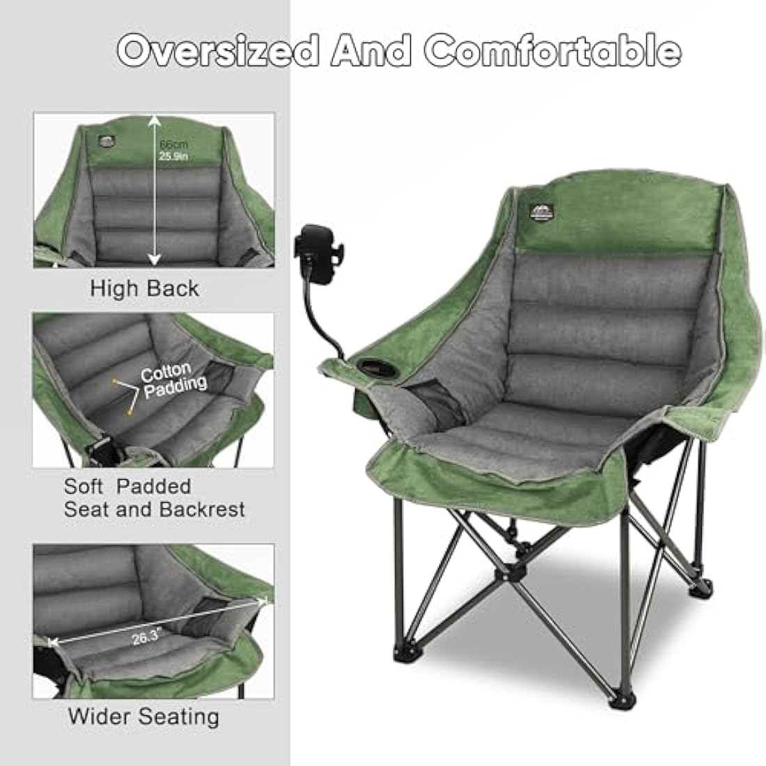 LANMOUNTAIN Oversized XL Folding Camping Chair,Heavy Duty Support 400Lbs,Large Comfy Padded Camp Chair for Adults,Lawn Arm Chair w/Cup Holder,Phone Holder,Carry bag Perfect for Outdoor (Green)
