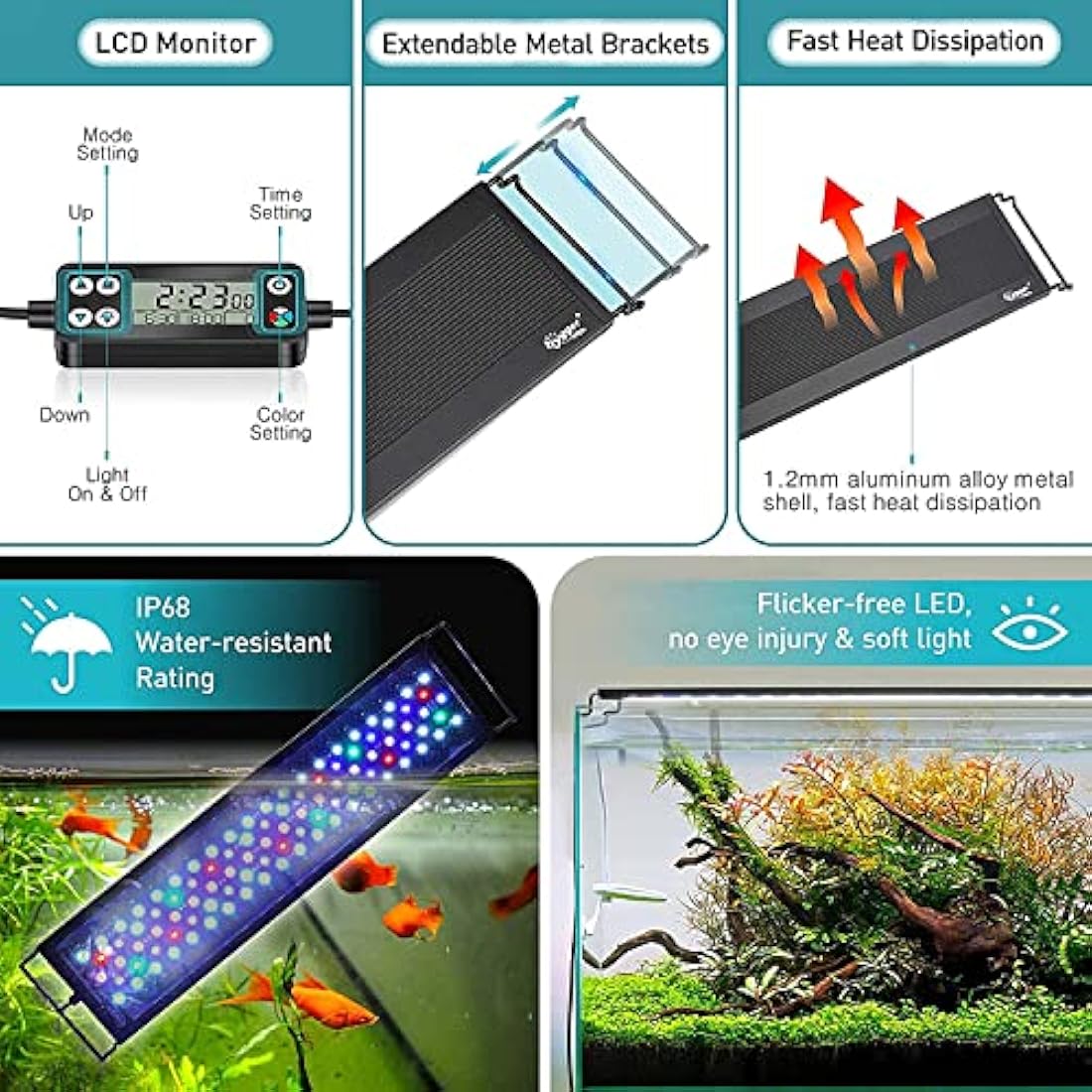 hygger Fish Tank Light, Aquarium LED Light, Full Spectrum Aquarium Light with LCD Monitor, 18W 24/7 Lighting Cycle, 7 Colors, Adjustable Timer,3 Modes for 45-60cm Planted Tank
