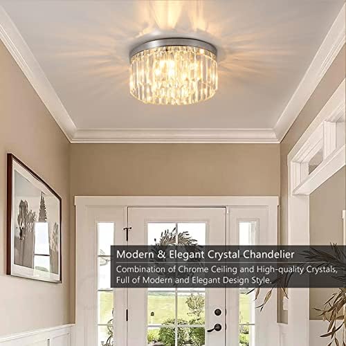 Rayofly Modern Crystal Chandeliers Ceiling Lights, 2-Tiers Crystal Flush Ceiling Lights, Chrome, 6-Lights G9, Elegant Glass Crystal Chandelier Lamps for Living Room, Hall, Bathroom, Bedroom, Foyer