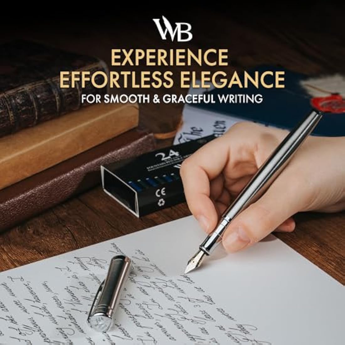 Wordsworth & Black Fountain Pen Set, 18K Gilded Fine Nib, Includes 24 Pack Ink Cartridges, Ink Refill Converter & Gift Box, Gold Finish, Calligraphy, [Silver Chrome], Perfect for Men & Women