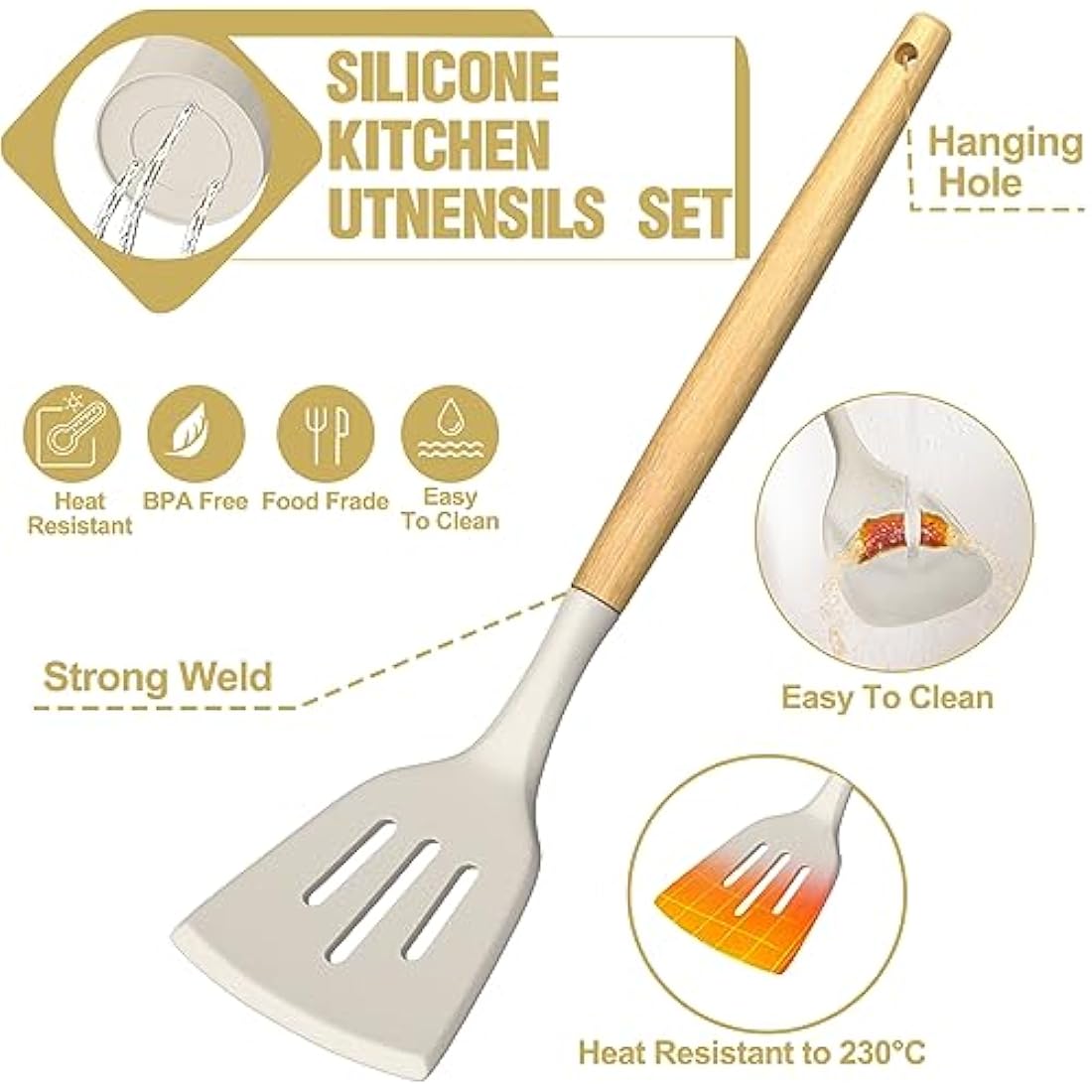 Terlulu Kitchen Utensils Set, 34PCS Silicone Cooking Utensils Set with Wooden Handle, Heat Resistant Silicone Utensil Set, Tongs Spatula Spoon Set for Nonstick Cookware, Kitchen Tools (Khaki)