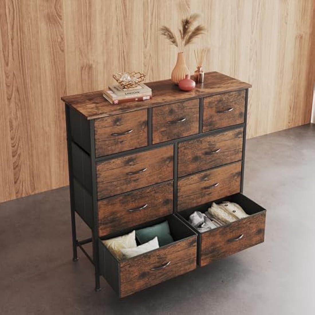 CAIYUN Chest of Drawers,Dresser for Bedroom with 9 Drawers,Fabric Dresser with Wood Top and Large Storage Space, Easy to Assemble, for Bedroom, Living room, Rustic Brown