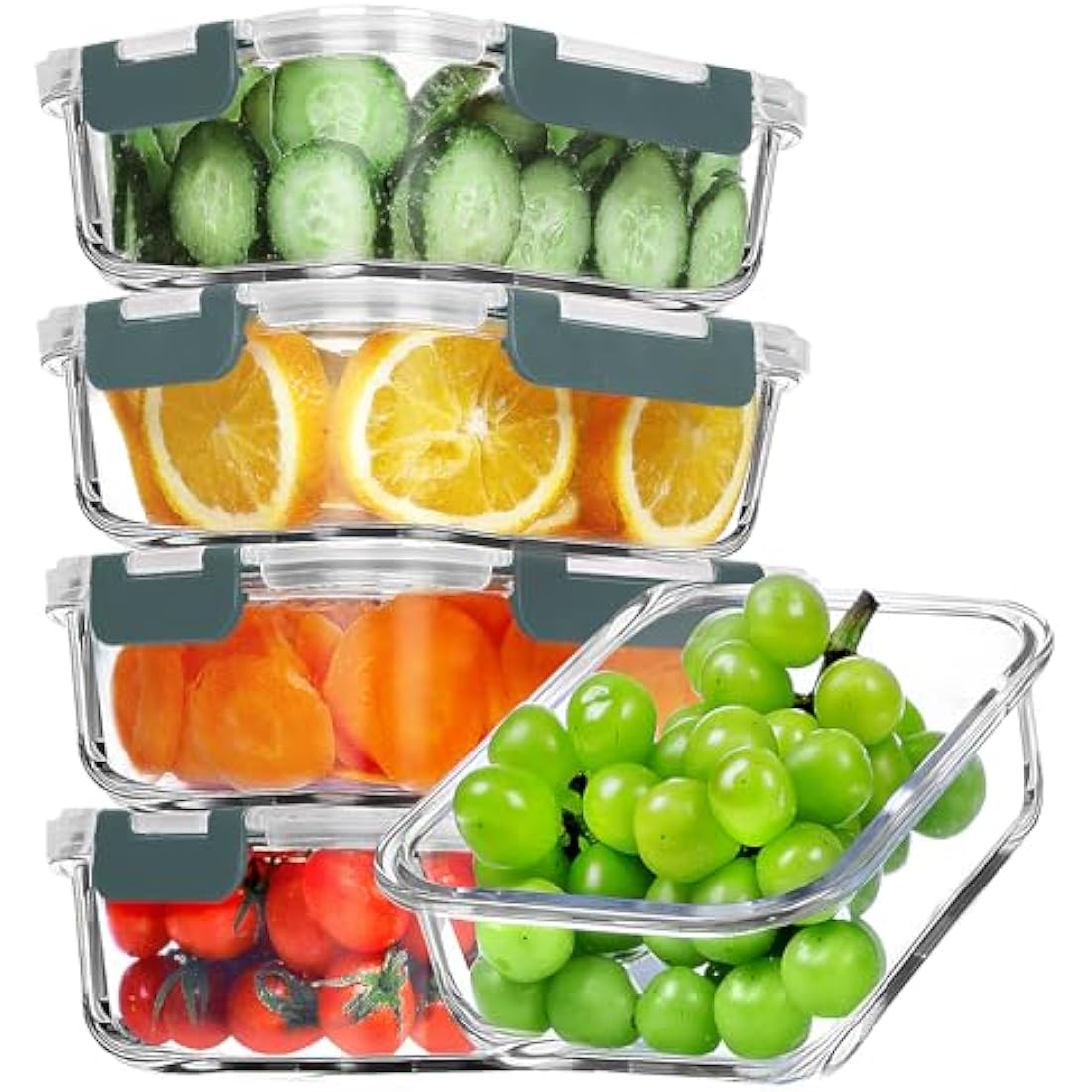 VERONES 5 Pack 36 OZ Glass Meal Prep Containers, Airtight Glass Lunch Containers Set, Glass Food Storage Containers with Lids,BPA-Free, for Microwave, Oven, Freezer & Dishwasher Friendly,Grey