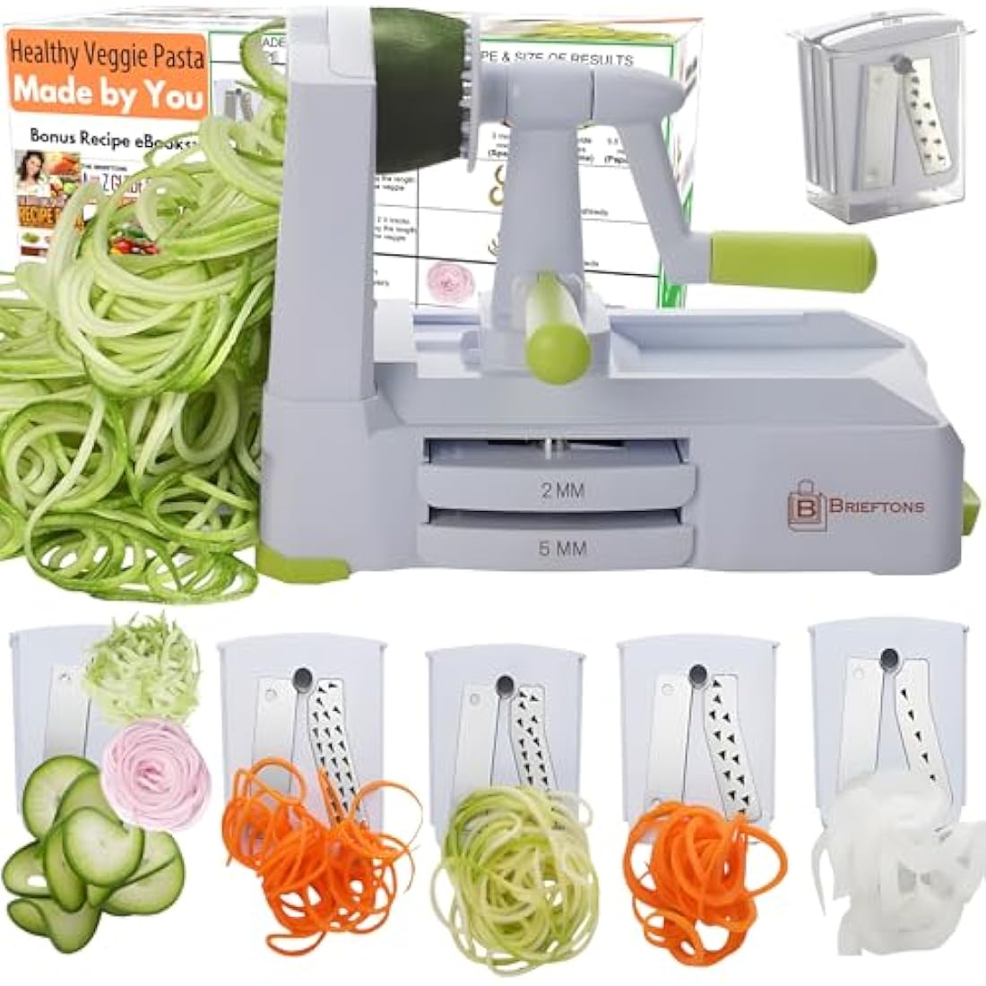 Brieftons 5-Blade Vegetable Spiralizer: Strongest-Heaviest Spiral Slicer, Best Veggie Pasta Spaghetti Maker for Low Carb/Paleo/Gluten-Free/Vegan Meals, with Extra Blade Caddy, 4 Recipe Ebooks