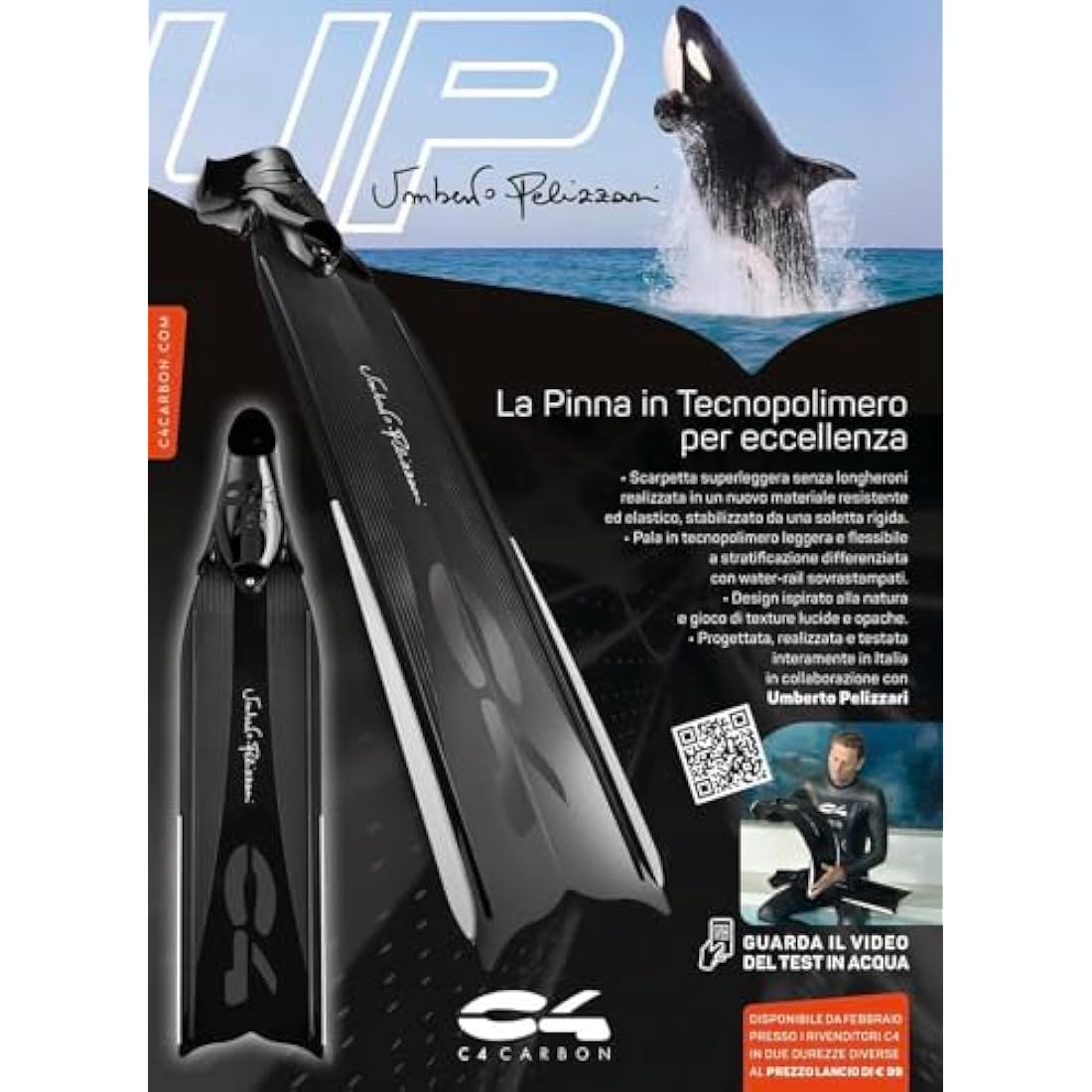 Umberto Pelizzari C4 Fins - Soft Shovel and Medium Technopolymer Shovel with 250 Diving Fishing Apnea Shoe