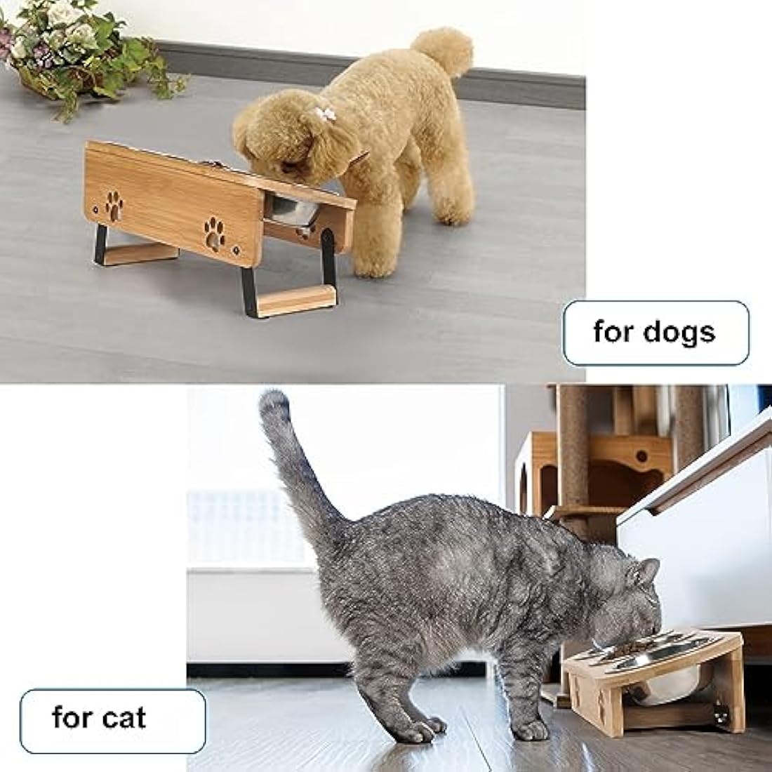 GHIAKQYT Raised Feeding Bowls - Cat Feeding Station 3 Bowls Raised Cat Bowl Height Adjustable Feeding Bowl Feeding Bar with Stand Stainless Steel Bowls for Water Food - Feeding Bowl for Cats (Bamboo