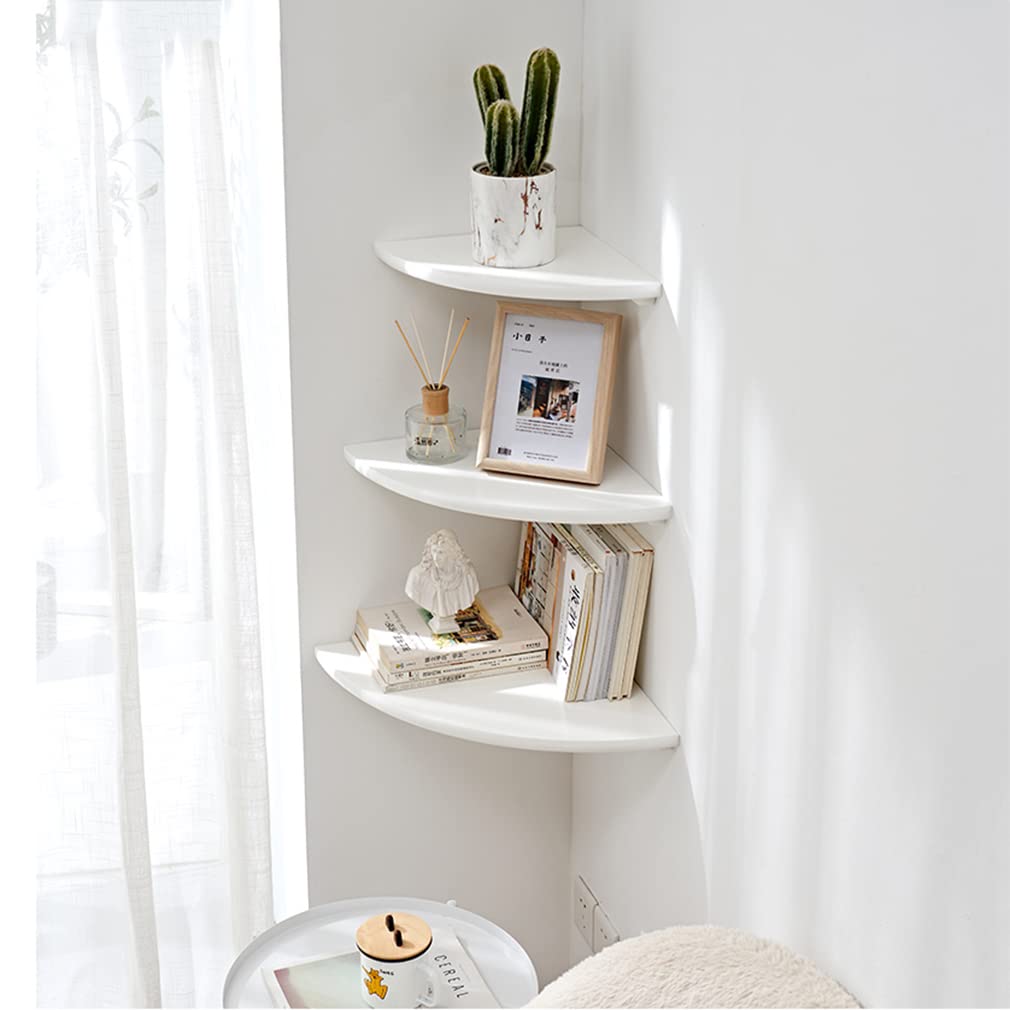 GIEANOO Corner Shelf, Solid Oak Wood White Floating Corner Shelf Wall Mount 16inch Round End Floating Speaker Shelf With Wire Hole Shelf for Bedroom