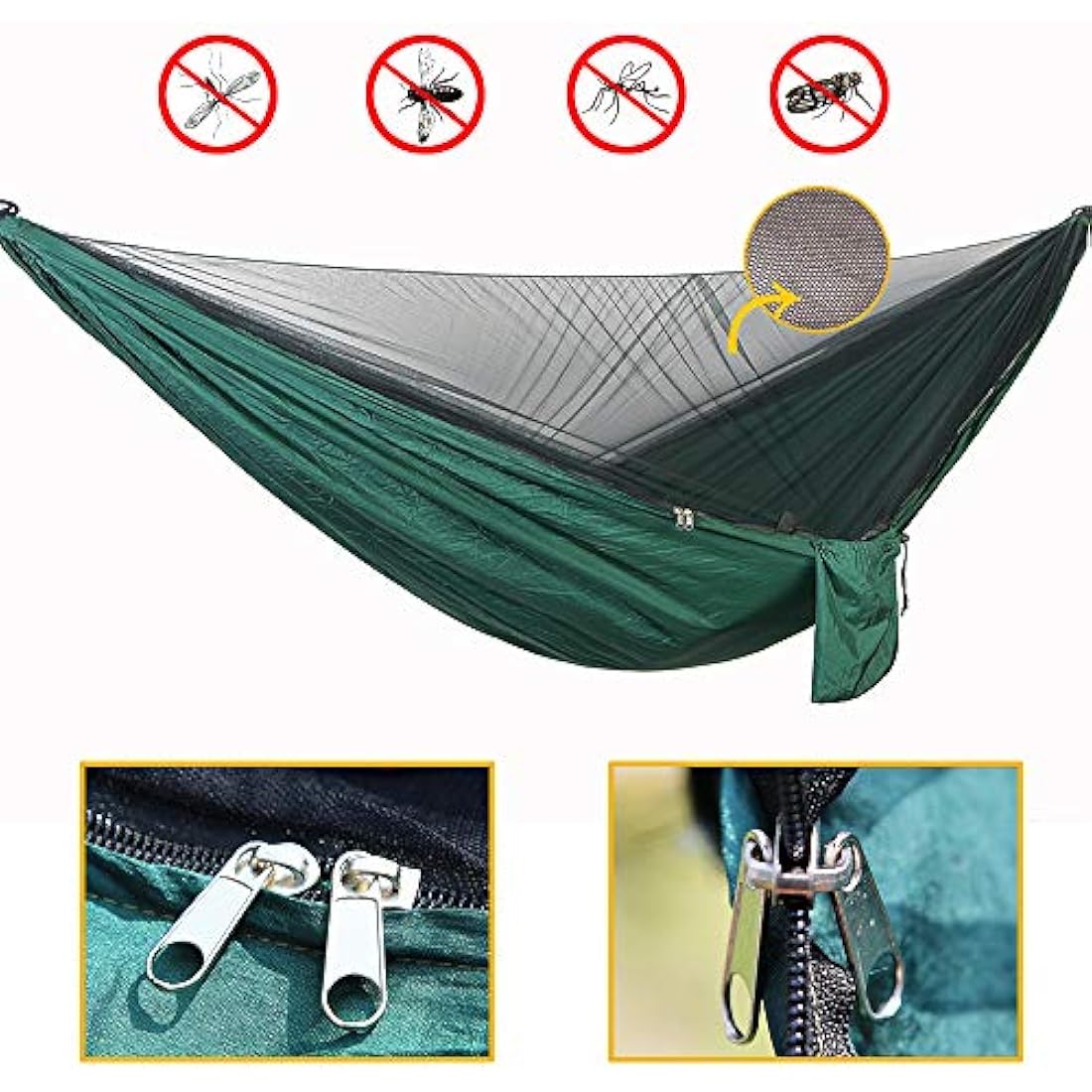 YCD Hammock, Portable Camping Hammock Set, Single/Double, Mosquito Net, Rain Shade Tent, 210T Parachute Nylon, 440 lbs, Dark Green
