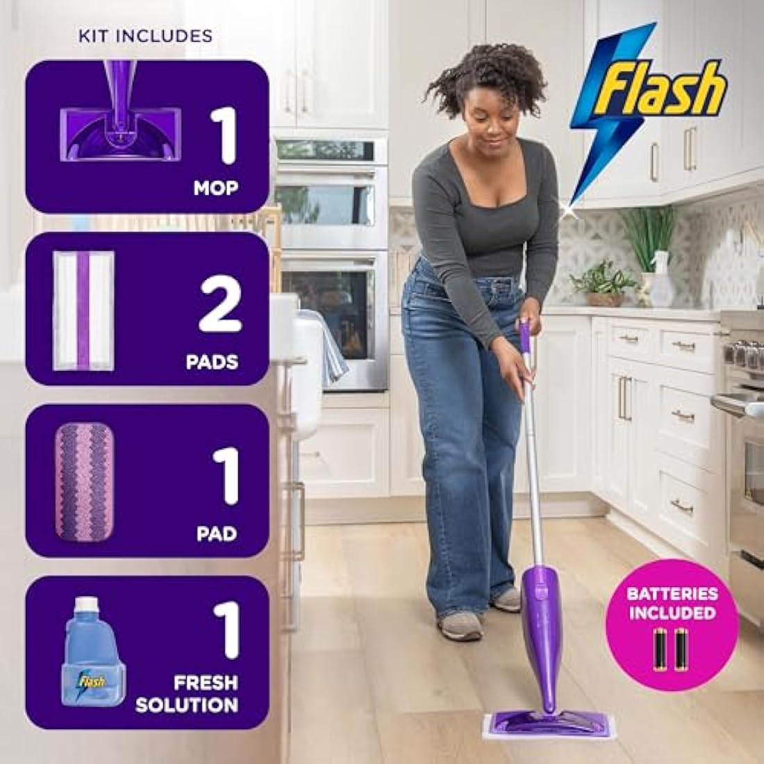 Flash Power Spray Mop Floor Cleaner Starter Kit (1 Washable + 2 Disposable Pads), All-In-One System For Your Floors