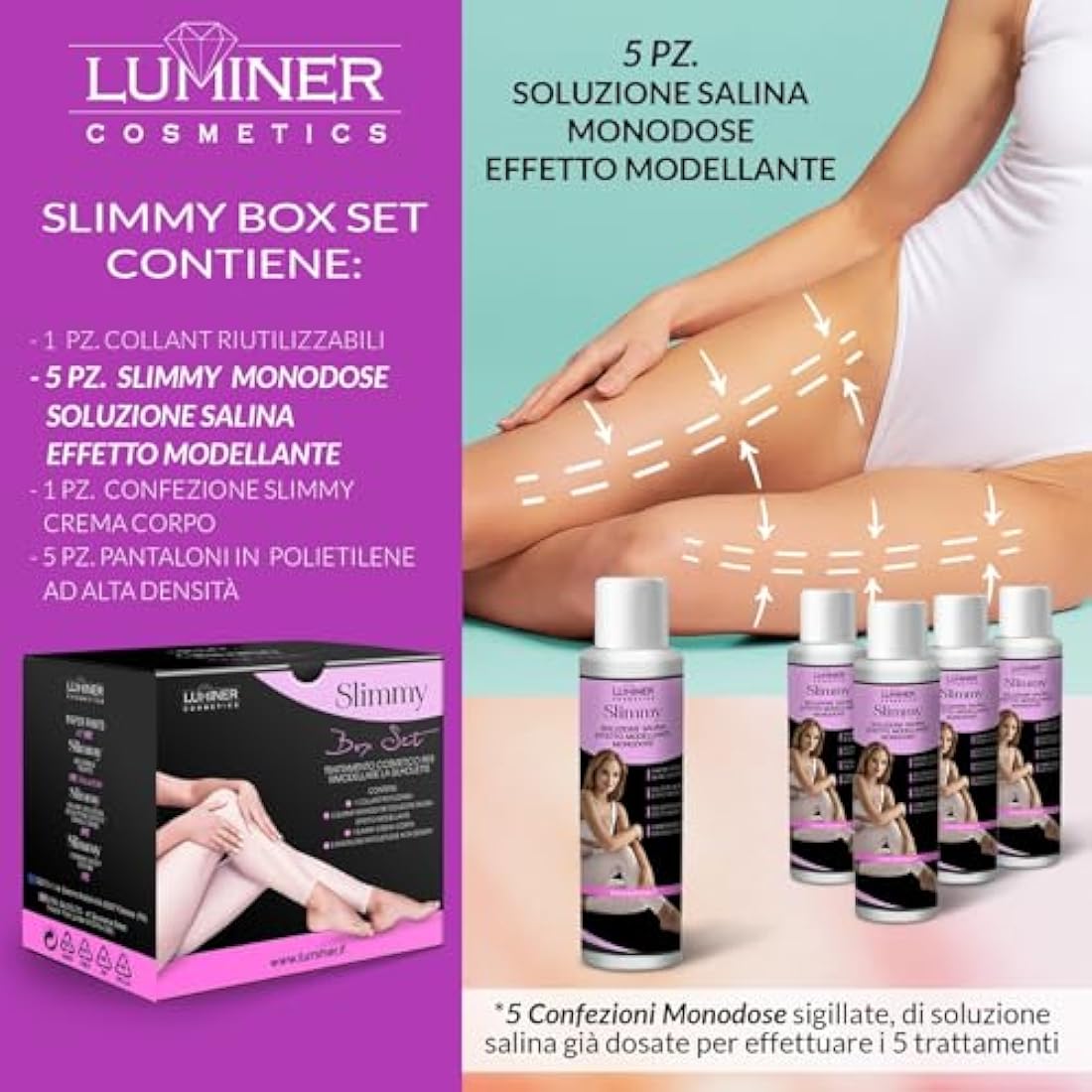 LUMINER Slimmy Box Set with 5 Treatments Reusable Anti-Cellulite Draining Tights with Dead Sea Salt, Cartene Trousers and Anti-Cellulite Cream for Legs and Buttocks - INCI of Natural Origin