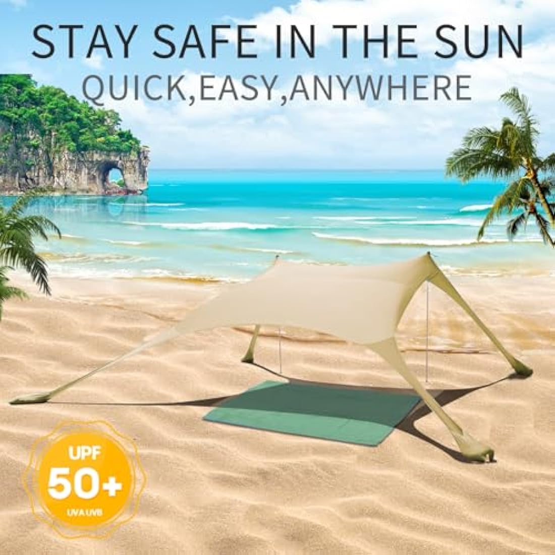 CUUPO 7×7 FT Beach Tent Sun Shelter UPF50+ UV Protection, Outdoor Small Canopy Tent Sun Shade with 2 Poles for Camping, Beach, Fishing, Backyard and Picnics Khaki
