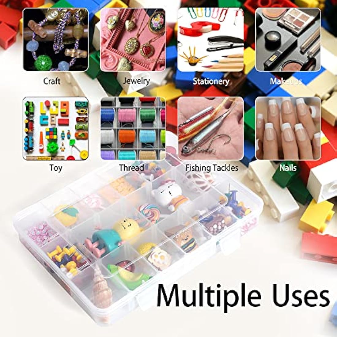 LAifu Snack Box With Compartments, 2 PCS Snackle Box Trays with 18 Removable Grids Compartments, Clear Multi Stackable Plastic Organizer Container for Snack, Fruits, Pills, Beads, Bolts and Nuts