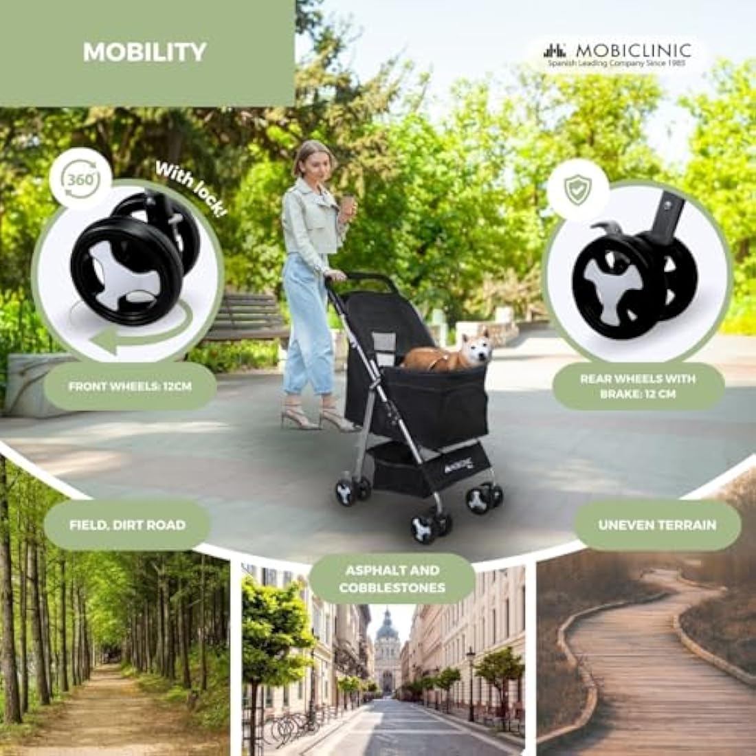 Mobiclinic® Pets Foldable Dog Pram, Up to 15 kg, Ideal for Small Dogs, Pet Stroller, Zuma, Wheels with 360° Brakes, XXL Basket, 3 Windows with Zip and Mosquito Net, Cup Holder (Black)