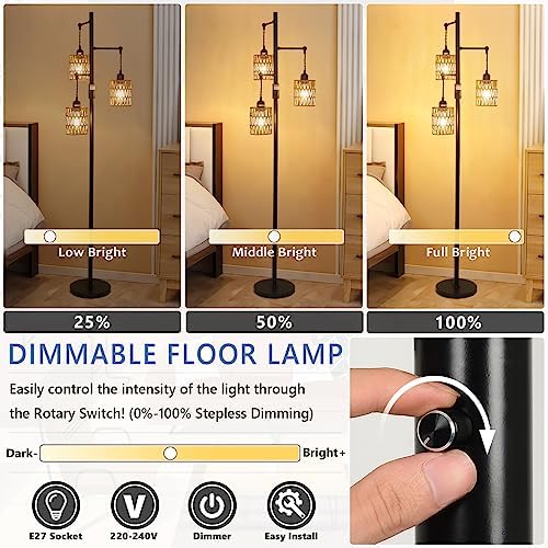 Rayofly Dimmable Rattan Floor Lamp, 3-Lights Boho Lamp with Stepless Dimmer, Industrial Lamps for Living Room, Tall Tree Shades, Farmhouse Standing Bedroom Black-3 Lights