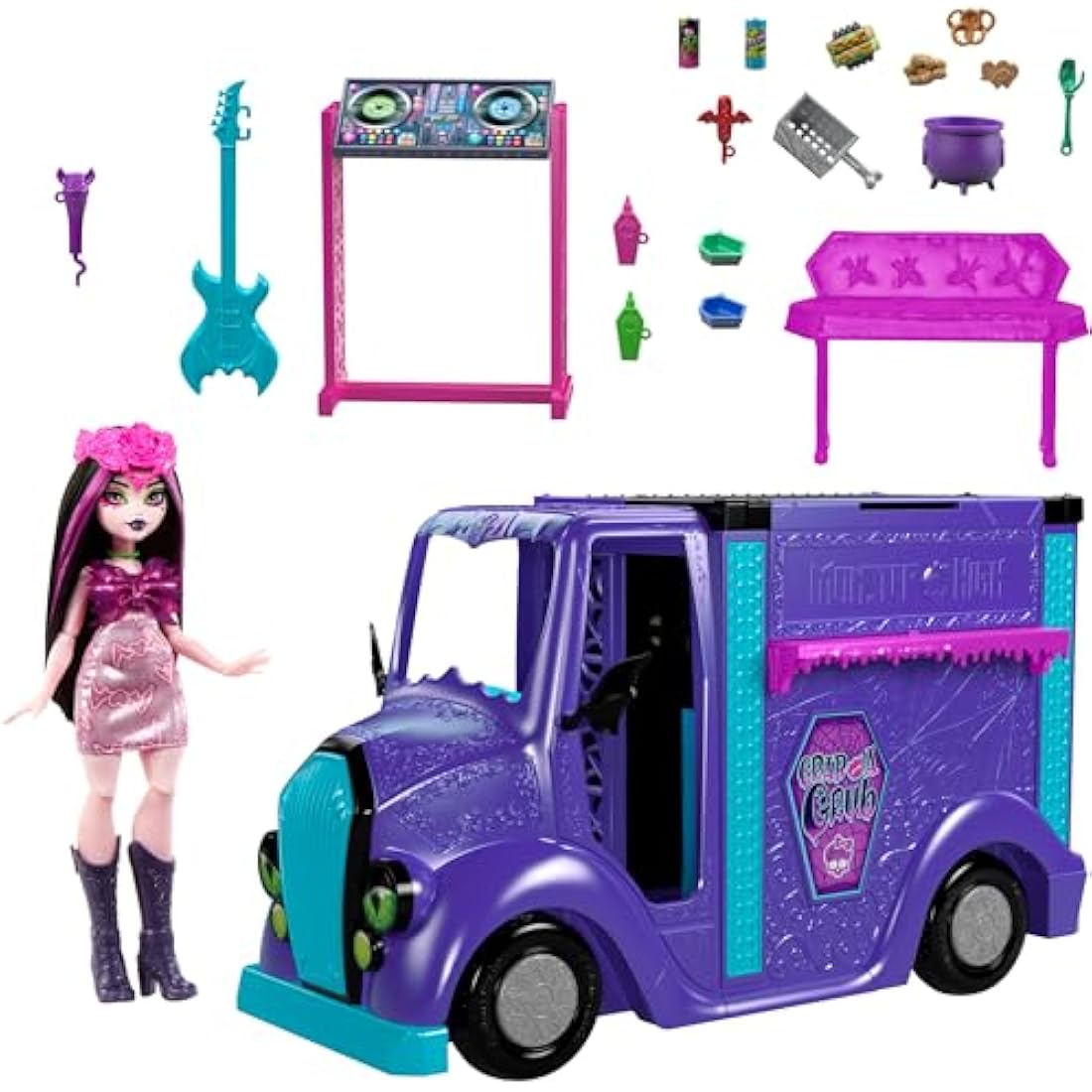 Monster High Draculaura Doll and Playset, Fangtastic Rockin’ Food Truck with Pullout Stage Transformation and 13+ Food and Music Themed Accessories, HXH83