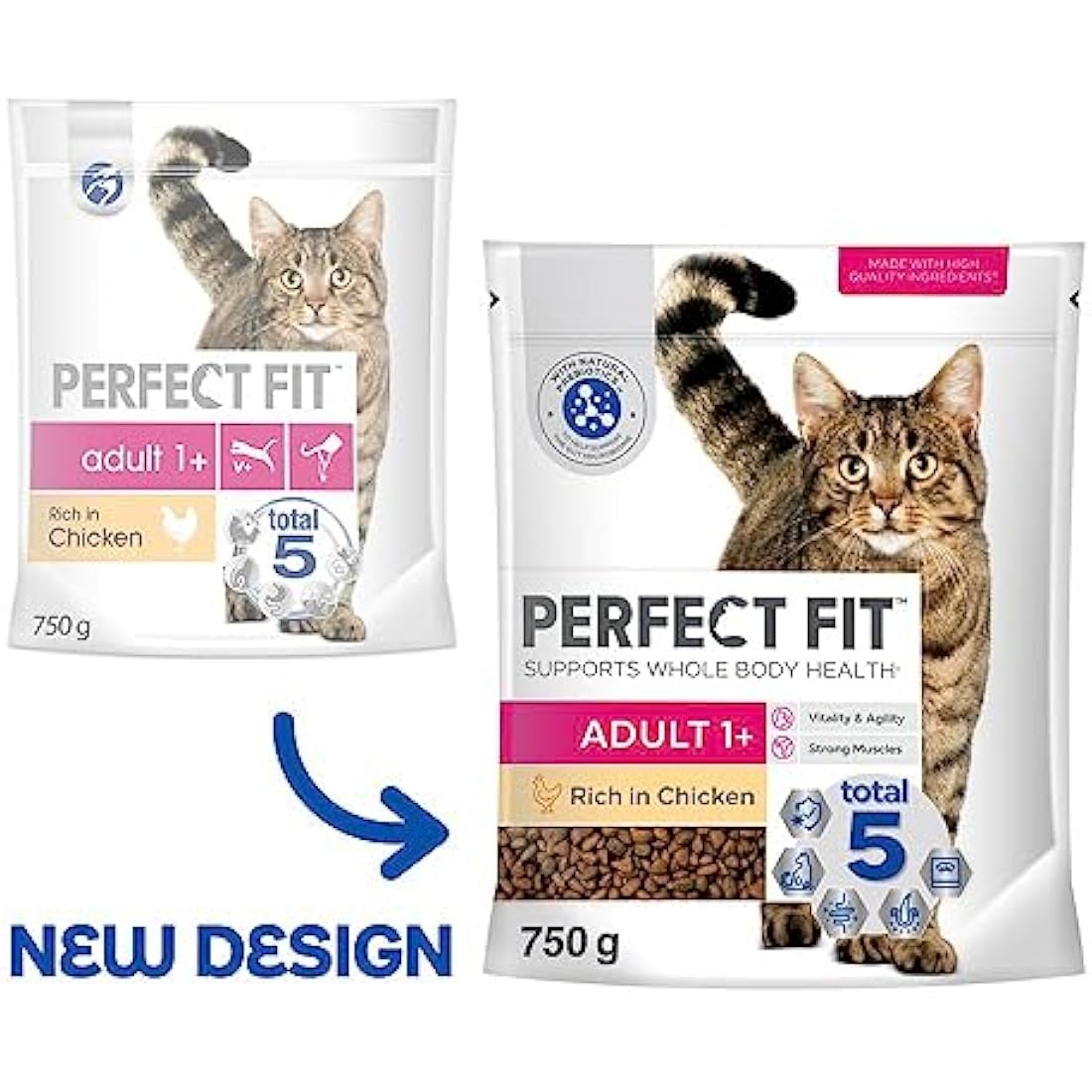 Perfect Fit Adult 1+ Complete Dry Cat Food for Adult Cats Aged 1+ Years, Rich in Chicken, 4 Bags (750 g)