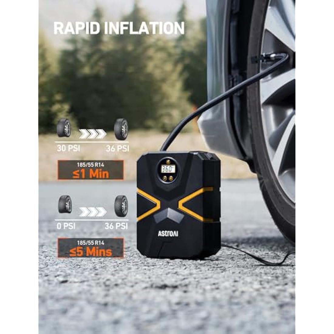 AstroAI Tyre Inflator Air Compressor 12V DC, Digital Car Tyre Pump 150 PSI, Preset Tyre Pressure & Auto Shutoff, Electric Air Pump for Car Tyres, Bicycles, Other Inflatables (Black&Yellow)