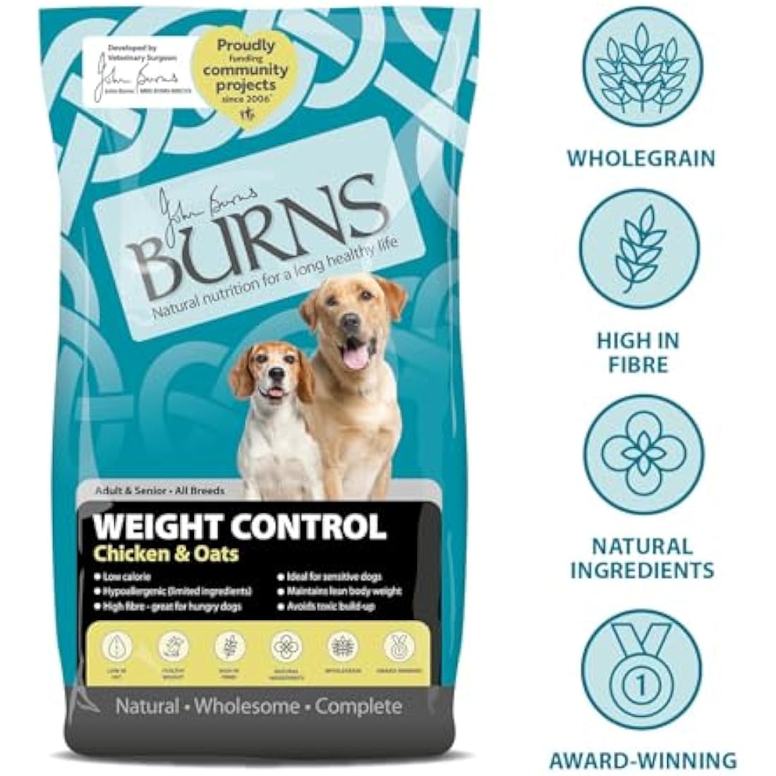 Burns Pet Nutrition Hypoallergenic Complete Dry Dog Food Adult and Senior Dog Weight Control Chicken and Oats 6 kg