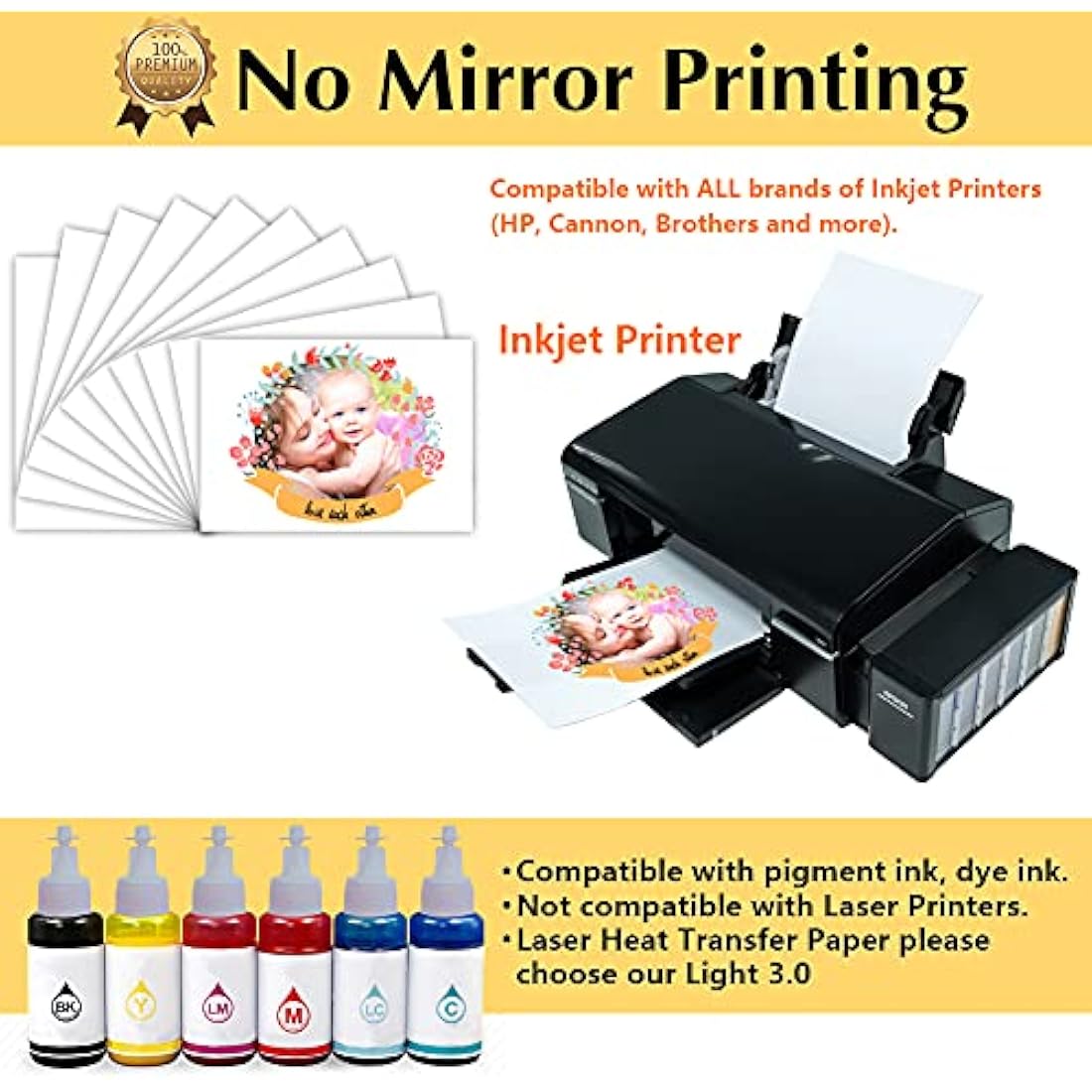 TransOurDream Tru-Transfer Paper - 100 Sheets A4 Inkjet Heat Transfer Paper Iron On Transfer Paper 2.0 for White and Light T Shirts Fabrics NO Mirror Print,Easy to Use (TRANS-2-100)