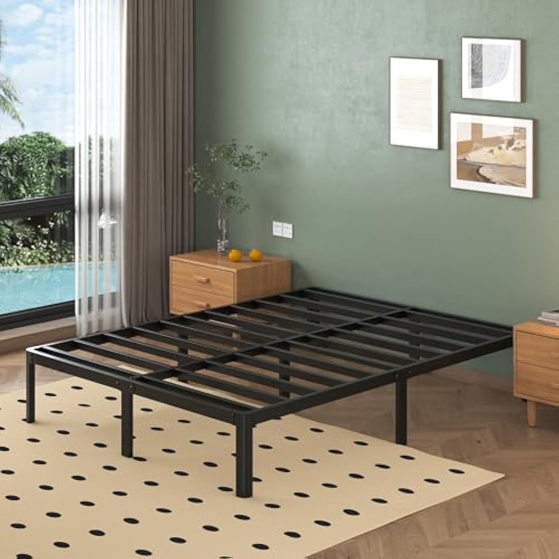 Lutown-Teen 4ft6 Double Bed Frame 30.5 cm High with Rounded Corner Legs, Heavy Duty Metal Bed Frame Double 4ft 6 with Steel Slats Support, Noise Free, Easy Assembly, Black