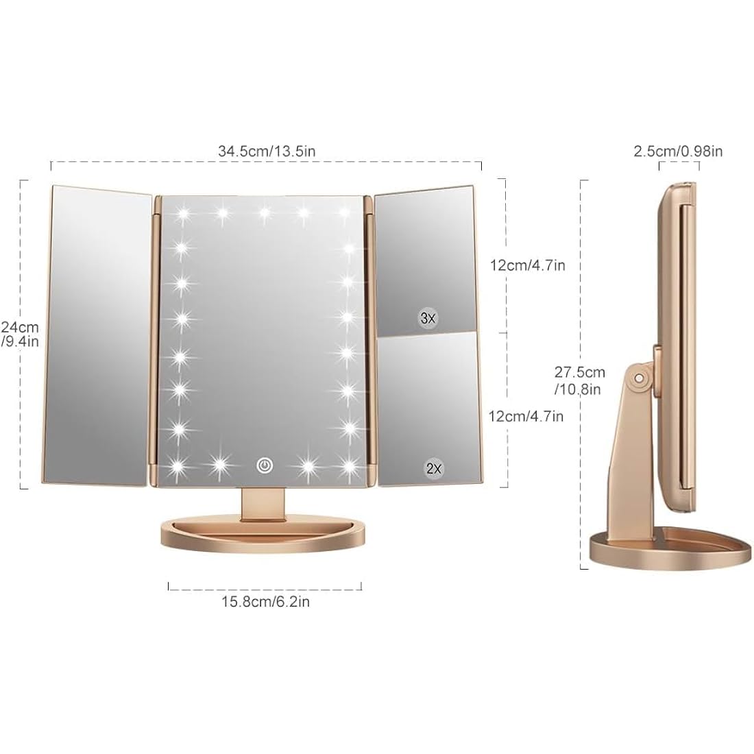 WEILY Tri-Fold Makeup Mirror with 2X/3X Magnifying 21 LEDs, 2 Power Supply Mode, Touch Switch Tabletop Cosmetic Mirror (Gold)