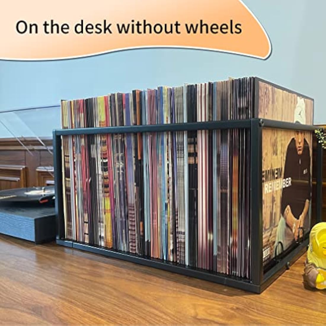Vinyl Record Storage Holder With Wheels - Holds up to 100 LP - Album Holder Display Stand - Vinyl Record LP Storage organizer - Sturdy Metal Structure - Smooth Black